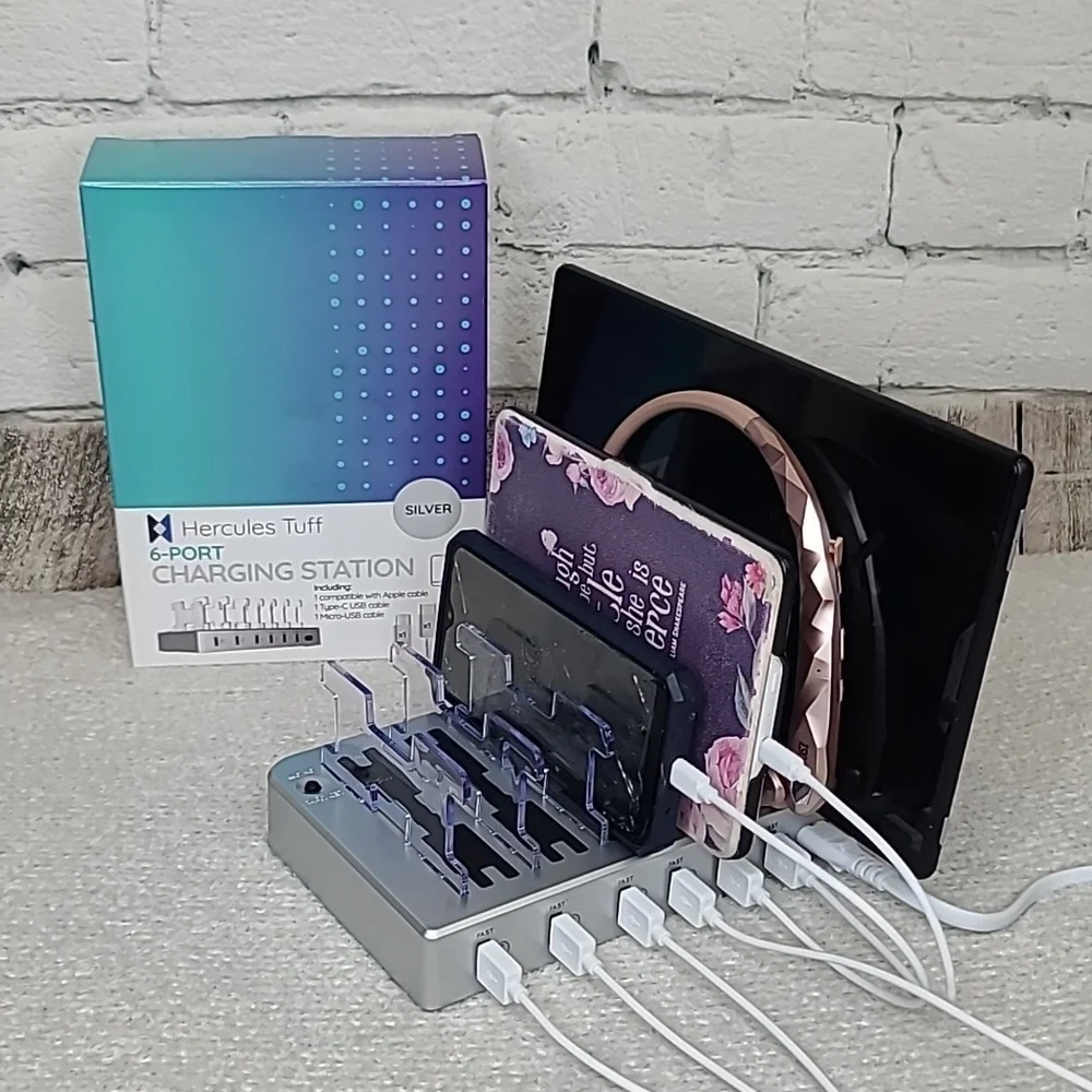 Hercules Tuff Charging Station for Multiple Devices, with 6 USB Ports Silver NWT